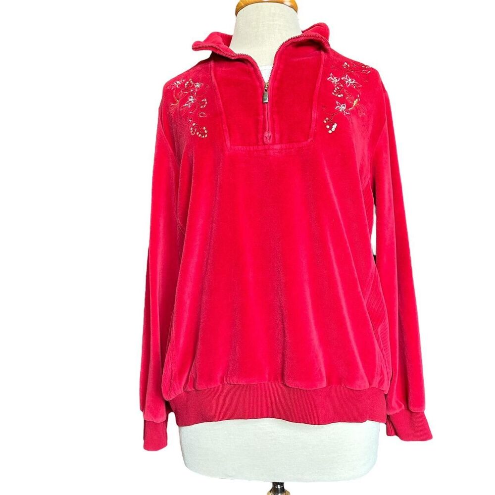Alfred Dunner Floral Embroidered Red Fleece‎ Pullover Jacket Sz L Grandmacore